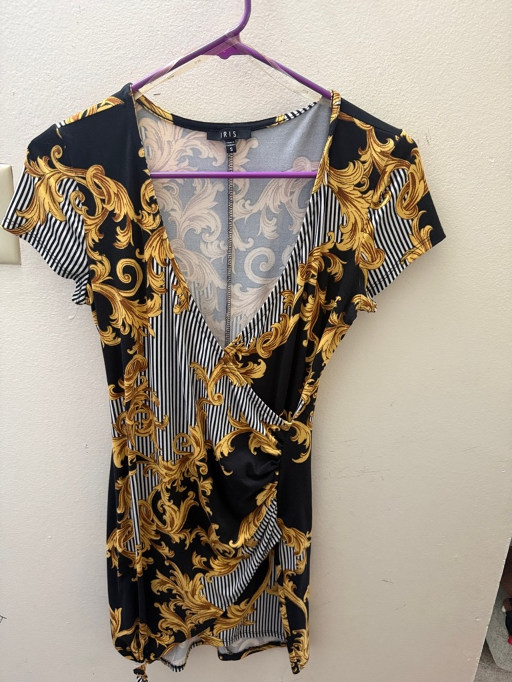 iris Black & Gold Baroque-Print Faux Wrap Mini Dress